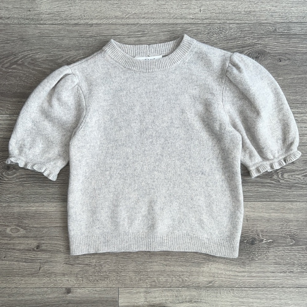FRAME Shirred Short Sleeve Sweater Cashmere Wool Heathered Gray Sample Piece S